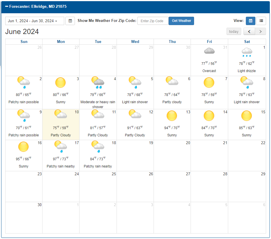 A calendar with weather icons
Description automatically generated